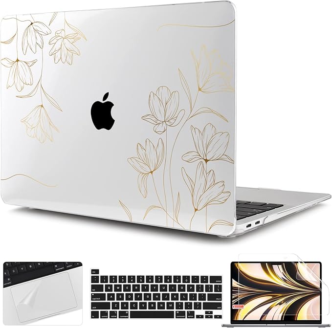 TWOLSKOO Compatible with MacBook Pro 13 inch Case 2022 2021 2020-2016 A2338 M2/M1 A2251 A2289 A2159 A1989 A1706, Plastic Hard Shell Cover & Keyboard Skin & Screen Protector, Gold Florals
