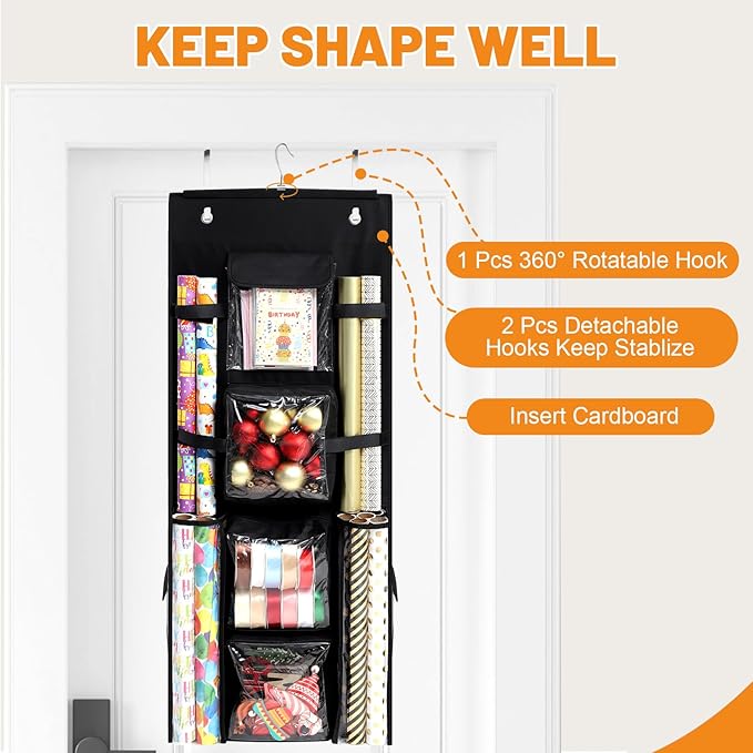 Hanging Gift Wrapping Paper Storage, 40x16 inch Double-Sided Gift Wrap Organizer Christmas Wrapper Paper Container, Craft Roll Organizer Behind The Door Storage Heavy Duty Oxford Gift Bag Holder