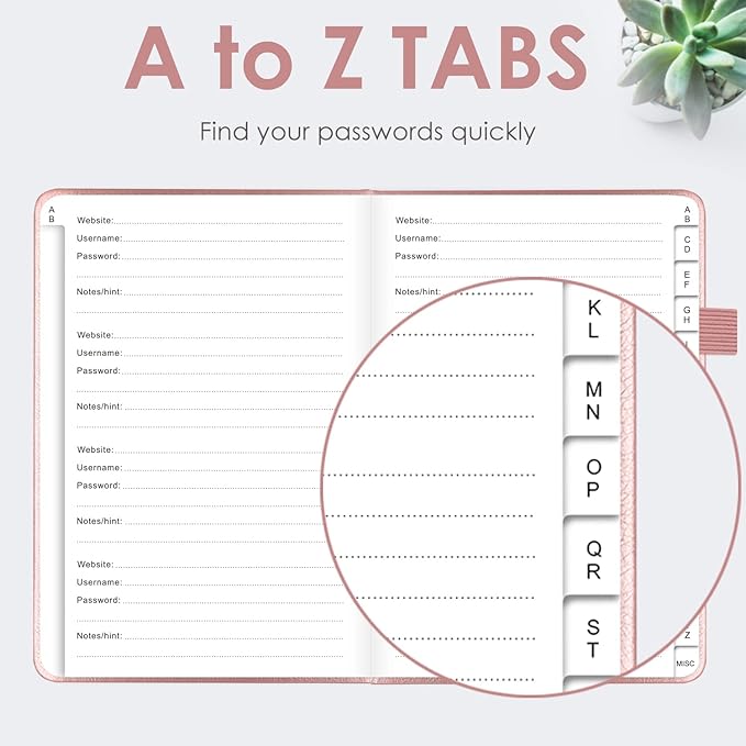 Elegant Password Book with Alphabetical Tabs - Hardcover Password Book for Internet Website Address Login - 5.2" x 7.6" Password Keeper and Organizer w/Notes Section & Back Pocket (Rose Gold)