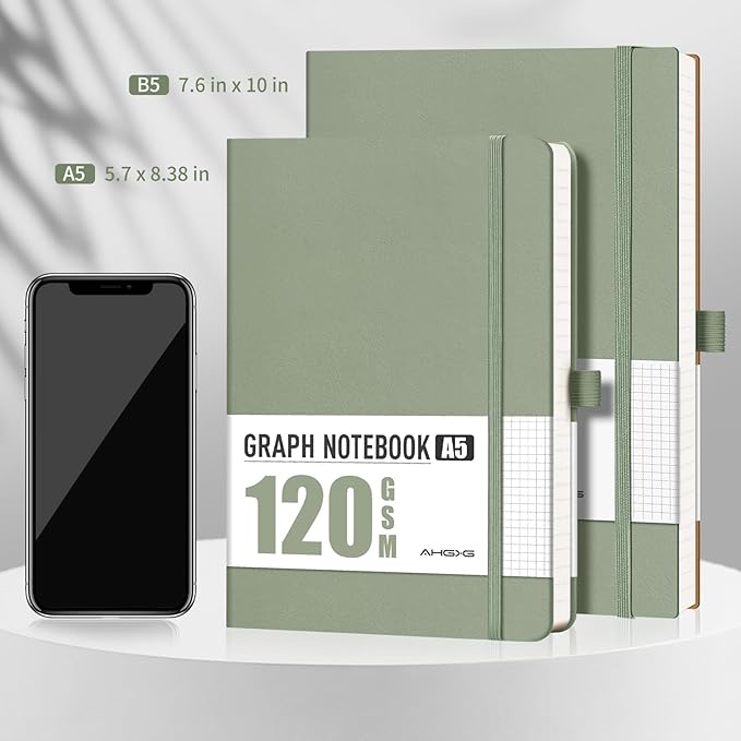 AHGXG Graph Paper Notebook - Grid Notebook Journal, 120 GSM Thick Graph Paper, Large B5 Notebook 96 Pages, Leather Softcover, for Graphing, Writing, Math, Engineering, 7.6'' X 10'' - Sage Green