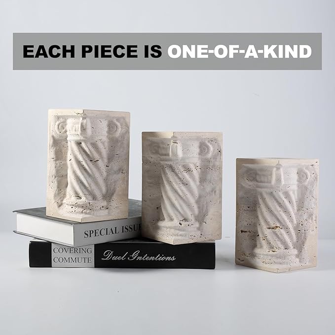 Roman Column Book Ends Decorative, 4-in-1 Heavy Duty Marble Bookend for Shelves, Unique Pen Holder & Mini Flower Vase, Classic Greek Statue for Office Home Desk Decor (2PC, Beige)