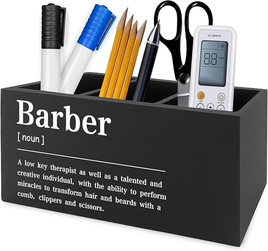 Barber Definition Pen Pencil Holder Organizer for Desk, Salon Barbershop Decor, Modern Minimalist Barber Shop Wooden Box Signs Decorations for Home Office Desk Tabletop