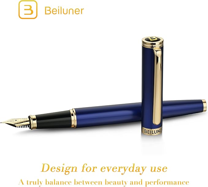 BEILUNER Blue Fountain Pen,Stunning Luxury Lacquer, 24K Gilded Nib(Fine),Gorgeous 24K Gold Accents, with Ink Converter,Fancy Gift for Men&Women-Smooth,Elegant,Graduation,Reliable,Nice Pens for Writing