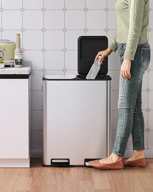 Arlopu 16Gal Dual Trash Can w/2 Built-in Box for Odor Control, Hands-Free Kitchen Garbage Bin, Recycle Waste Dustbin, Soft-Close Lid, 2 Buckets,Foot Pedal, Side Handle, Airtight,for Home Office