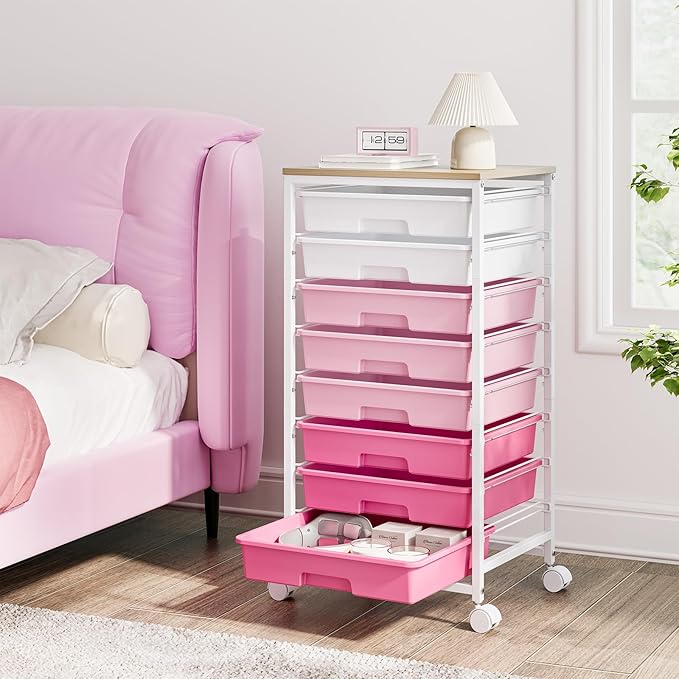 Rolling Cart with Drawers, Pink Cart with 8 Plastic Drawer Storage and Wooden Tabletop, Craft Storage, Teacher Cart, Storage Cart on Wheels, Rose Pink