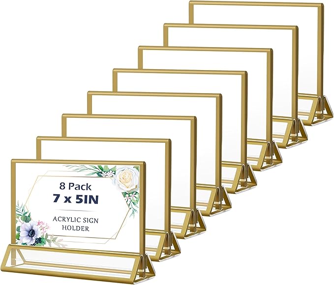 Acrylic Sign Holders Golden Border 8 Pack 7x5 Wedding Table Number Frames Double Sided Table Menu Stands with Horizontal Stand, Photos and Art Display