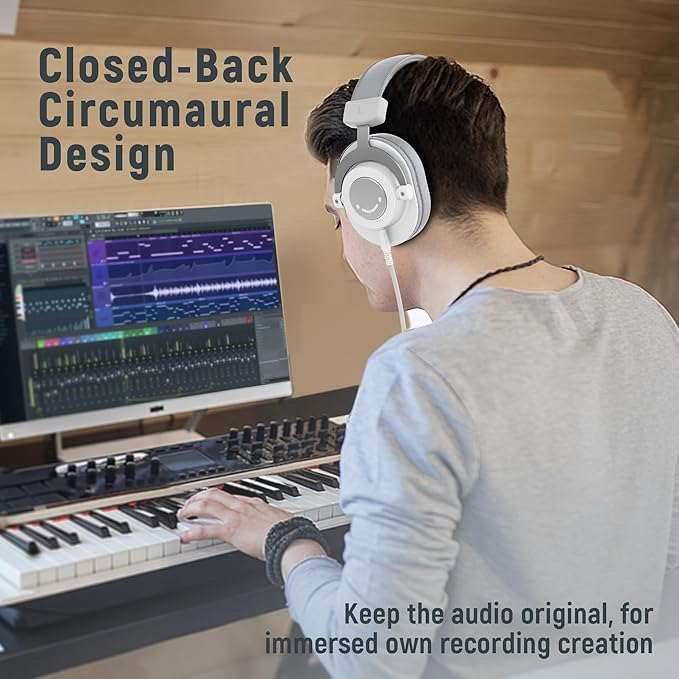 FIFINE Studio Monitor Headphones, Wired Over-Ear Computer Headphones with 3.5mm to 6.35mm Jack for Mixer/Amplifier/PC, Closed-Back Headset with Flexible Headband for Music Vocal Recording-H8 White