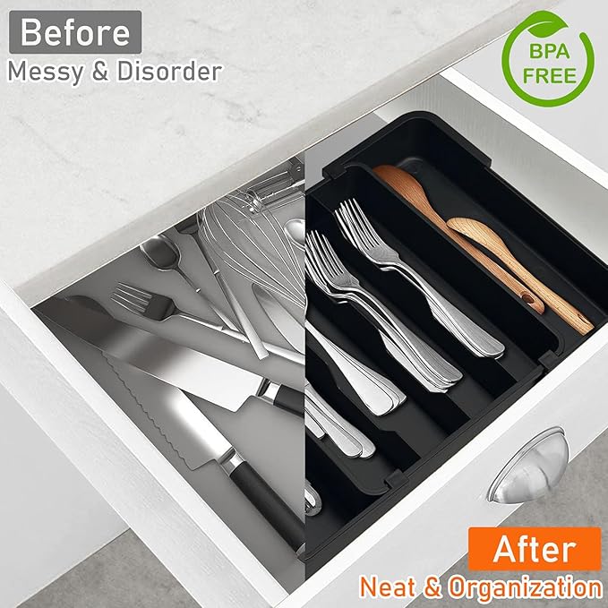 Kitchen Silverware Organizer for Drawer - Expandable Silverware Drawer Organizer Adjustable Utensil Drawer Holder, Flatware Cutlery Tray for Spoons Forks Kitchen Organizers Storage,Black,M