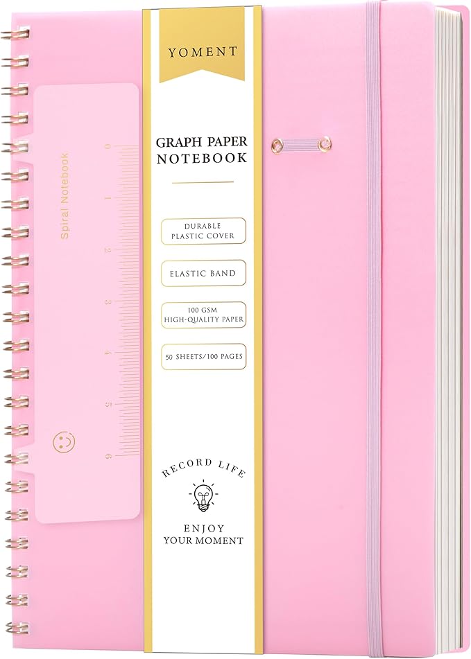 Yoment Graph Paper Notebook Spiral Notebook 8.5 x 11 A4 Large Grid Paper Notebooks, 100 GSM Thick Graph Paper, Plastic Cover Graphing Notebook for Work School Engineering, A4 Pink