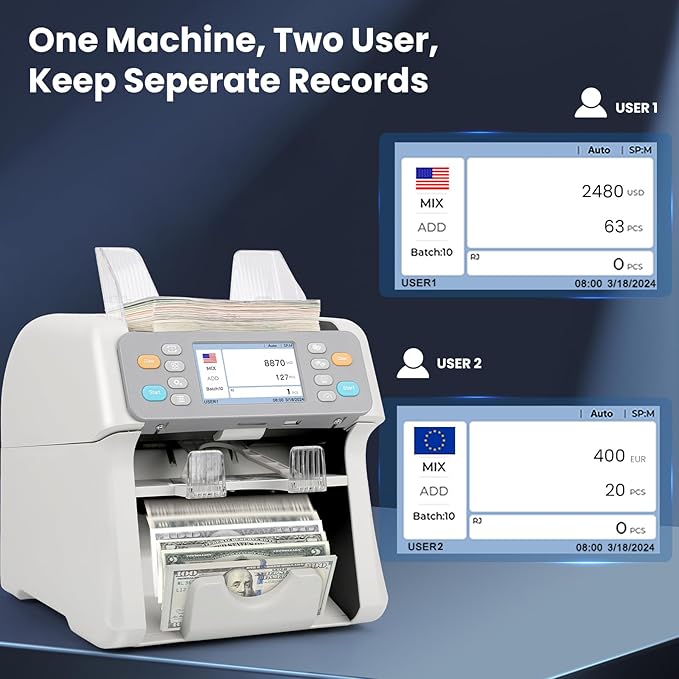 RIBAO MC-165 Two-Pocket Mixed Denomination Money Counter Machine, Value Counting, White Bill Counter Multi Currency, CIS/UV/MG/IR Counterfeit Detection for Business