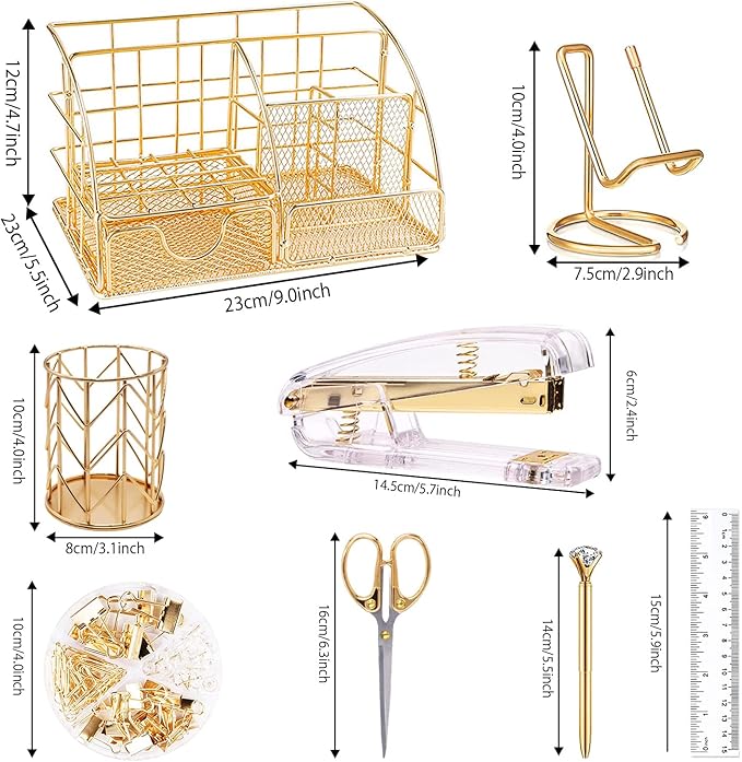Gold Desk Organizers and Accessories Office Supplies Set Stapler, Pen Holder, Phone Holder, Scissors, Pen, Ruler, 30 Paper Clips, 22 Binder Clip, 20 Tacks and 1000pcs Staples (Gold)