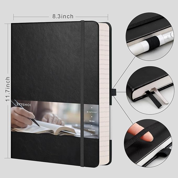 EMSHOI Notebook College Ruled - A4 Hardcover Leather Lined Journal, 192 Pages 100GSM Thick Paper, Large Diary for Women Men Work, School, Journaling, Writing - 8.3" x 11.7" - Black