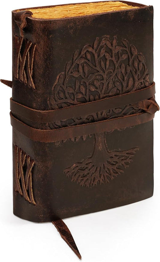 LUXEORIA Leather Journal for Women and Men, 200 Pages - 5"x7", Travel Dairy, Unlined Women's Notebook, Tree Of Life Sketchbook for Drawing, Writing- Antique Deckle Edges Handmade Paper, Vintage Brown