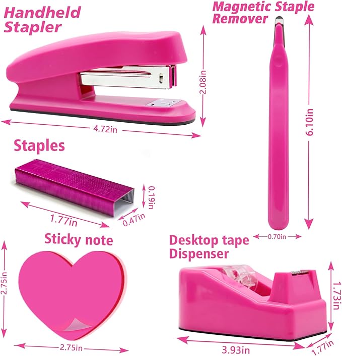 Hot Pink Office Supplies, UPIHO Hot Pink Desk Accessories, Stapler and Tape Dispenser Set for Women with Stapler, Tape Dispenser, Staple Remover, Staples, Clips, Scissor and Sticky Notes for Students