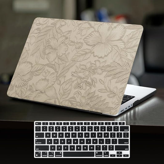 DTangLsm for MacBook Pro 13 inch Case 2025 2024-2016 M2 A2338 M1 A2251 A2289 A2159 A1989 A1708 A1706, Elegant Retro Leather Hard Shell Case for MacBook Pro 13 + Keyboard Cover, Apricot Embossed Floral
