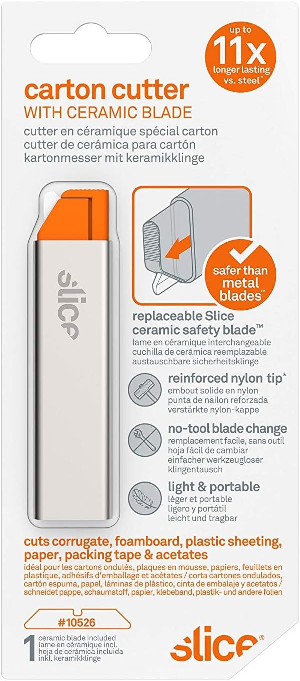 Slice Manual Carton Cutter | Safe Ceramic Box Cutter | Lasts 11x Longer than Metal | Single Edge Razor Blade | Mini Box Cutter | 12 Pack