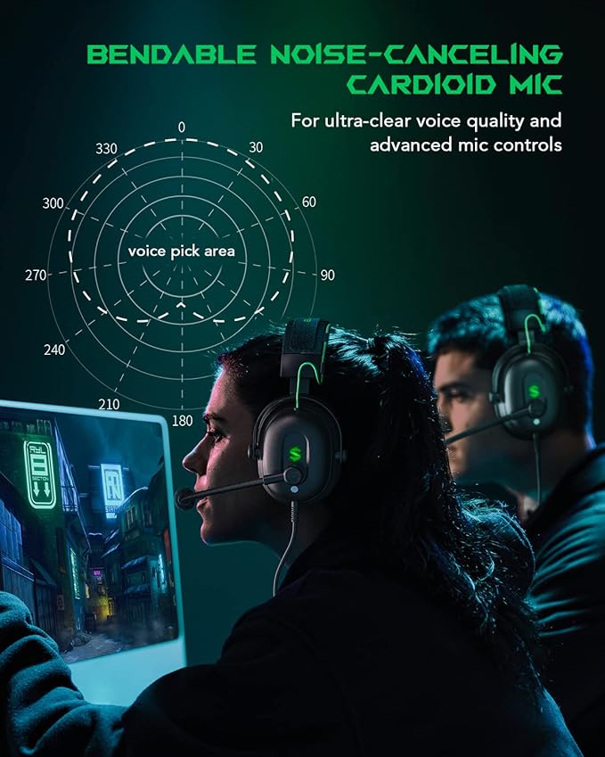 Black Shark Gaming Headset with Noise Canceling Cardioid Mic, Over-Ear Headphones for PC, PS4, PS5, Xbox, Switch, 50mm Dynamic Drivers & LED Light