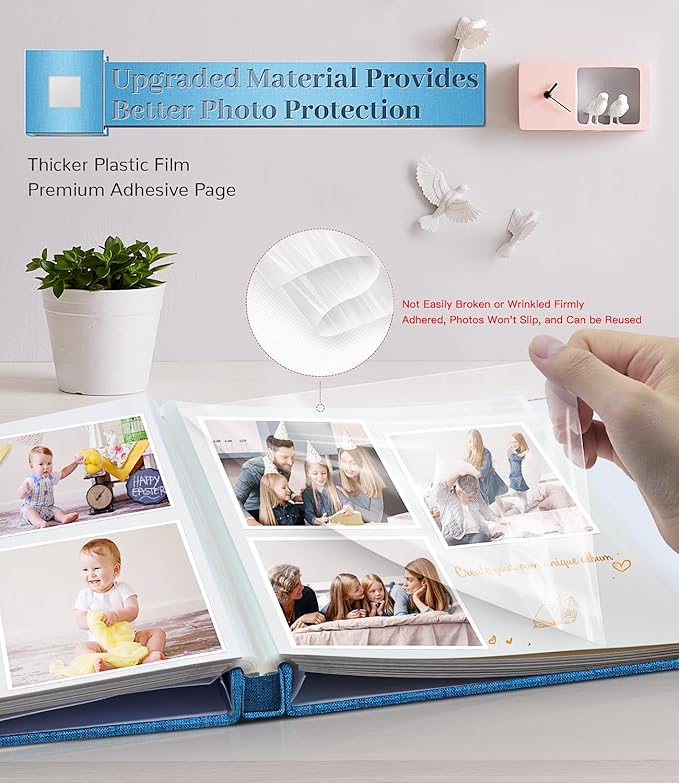 Photo Album Self Adhesive Scrapbook Album for 3x5 4x6 5x7 8x10 Pictures,60 Pages Linen Cover with Display Window DIY Photo Book,Ideal Gifts for Family Travel Wedding Baby