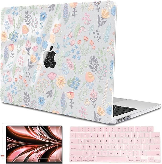 Compatible with 2025 MacBook Air 13.6 inch Case M4 A3240 Cover, Shiny Pattern Plastic Hard Shell Case Keyboard Skin for Mac Air 13.6 M2 A2681 M3 A3113 2024-2022 Release, Starry Sky Flowers