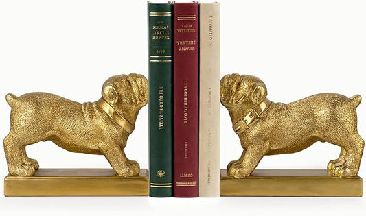 Decorative Bookends for Shelves, Dog Book Ends for Heavy Books, Bulldog Statues Bookends for Heavy Books with Anti-Slip Base Book Holders for Home Office Decor (Gold)
