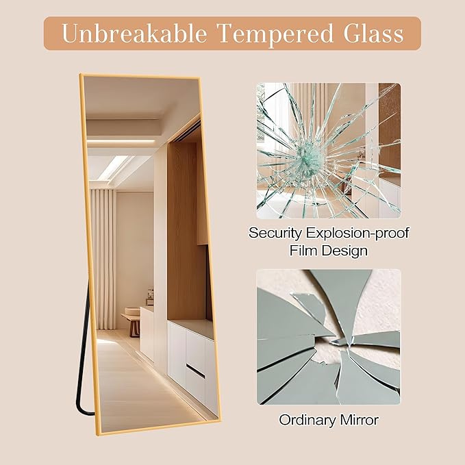 Arched Full Length Mirror, 57" x 20" Floor Mirror with Stand – Shatterproof Tempered Glass, Modern Aluminum Frame, Multi-Mount for Bedroom, Living Room, Gym, Gold