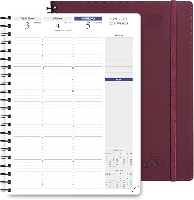 POPRUN 2025-2026 Academic Planner Spiral Bound, 8.5'' x 11.25'' Appointment Book (July 2025-June 2026) Quarter-Hourly Weekly Schedule, Leather Cover, Monthly Tabs, 2 Inner Pockets - Claret