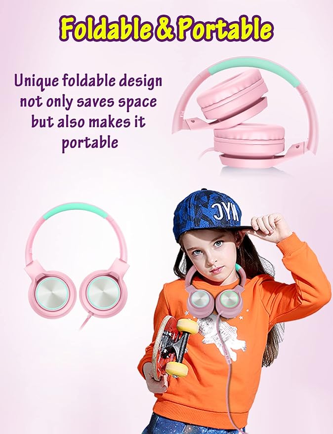 Kids Headphones with Microphone, Wired Over Ear Headsets with Limited Volume 85dB/ 94dB for Boys Girls Teens Children Online School/Travel/iPad/Tablet/Cellphone