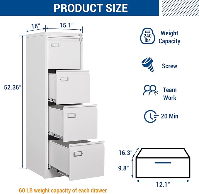 File Cabinets - 4 Drawers Vertical 17.8" Deep Lockable Filing Cabinet - White Metal Storage Cabinets for Home Office to Hanging Files Letter/Legal/F4/A4 Size