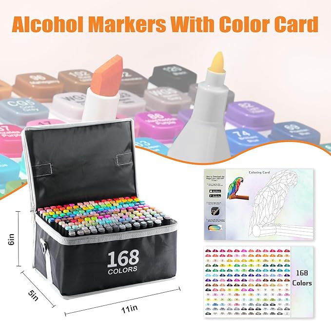 168+2 Colors Alcohol Markers with Free App, Chisel Tip and Fine Tip, Dual Tip Alcohol-Based Marker set for Artist Adult, Art Marker for Painting, Coloring, Sketching and Drawing,Great Gift Idea