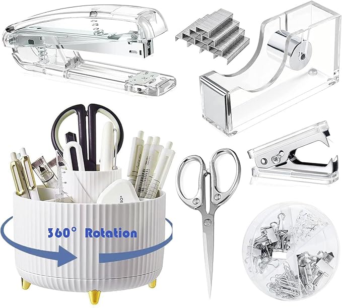 Desk Organizers and Accessories Set with 360-Degree Rotating Pen Holder, Acrylic Stapler, Tape Holder, Staple Remover, Binder/Paper Clips Kit, Scissor and 1 Box of Staples