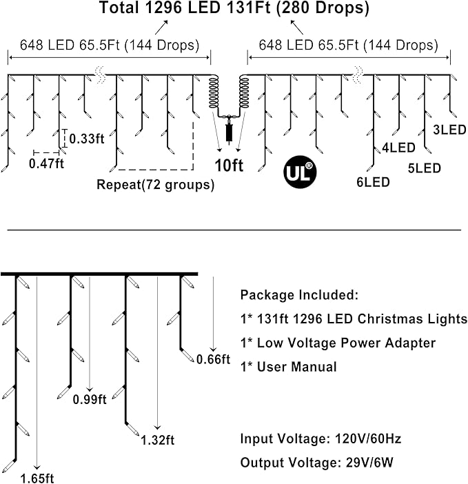 1296 LED Outdoor Christmas Lights with 288 Drops, 131FT ChristmasLights with 8 Modes Timer, Christmas Twinkly Lights IP44 Waterproof for Eaves Yard Room Holiday Wedding Party Decor (Multicolor)