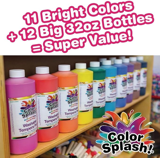 S&S Worldwide Color Splash! Liquid Tempera Bulk Paint, Set of 12 in 11 Bright Colors, 32-oz Easy-Pour Bottles, Great for Arts & Crafts, School, Classroom, Poster Paint, For Kids & Adults, Non-Toxic.