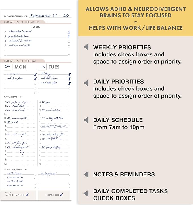 ESSENTIAL PRO Undated Daily, Weekly & Monthly Planner,Monthly Tabs,Daily Tracking,Notes Pages,Storage Pocket,Bookmark w Sticky Notes (Small Navy Floral)