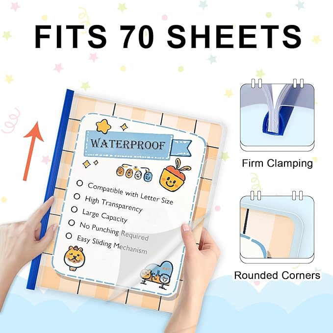 TOTiyea 12 Pack Clear Report Covers with Sliding Bars, 9mm (70 Sheet Capacity) Blue Sliding Bar File Folders, for Letter Size
