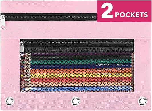 Pink Pencil Pouch for 3 Ring Binder - Zipper Pencil Case Bag Holder Bulk Accessories, Small Clear Window Aesthetic Organizer Pockets 3 Hole School Essentials