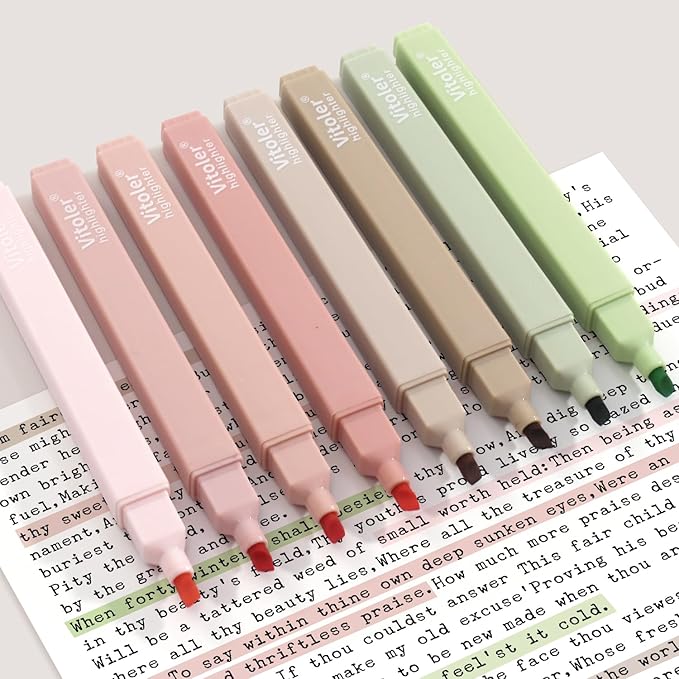 Vitoler Highlighters Assorted Colors,8pcs No Bleed Bible Chisel Tip Highlighters,Aesthetic High lighters for School Office Supplies