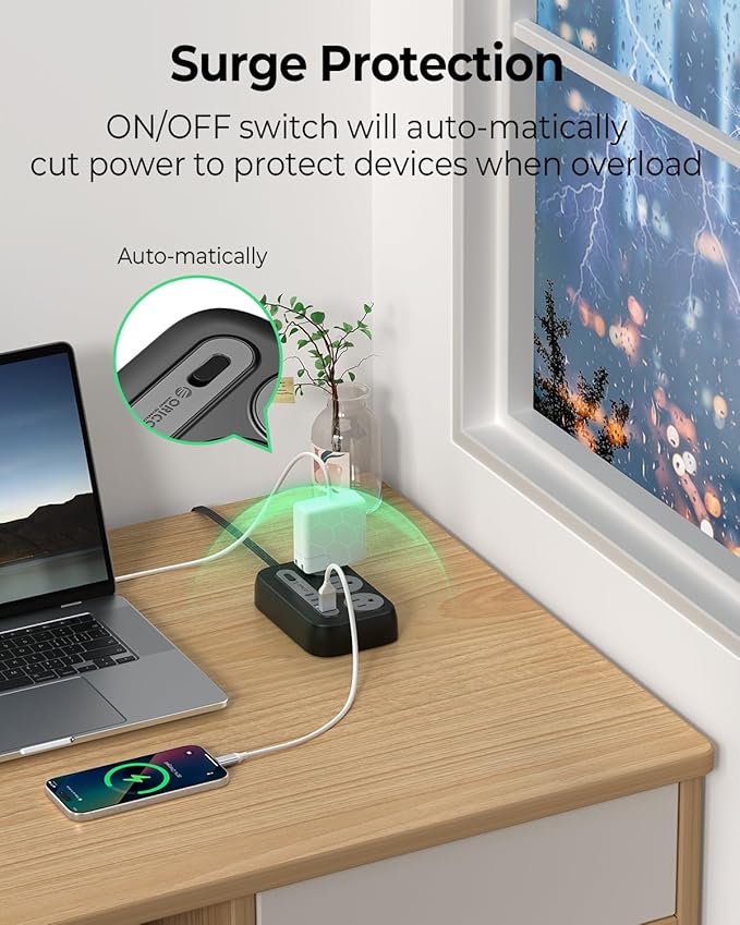 ORICO Surge Protector Power Strip, Multiple Outlets Extension Cord with 6 AC Outlets 2 USB-A and 2 USB-C Ports, 5 ft Flat Plug Power Strip, Mountable Outlet Extender for Dorm/Office/Home- OG