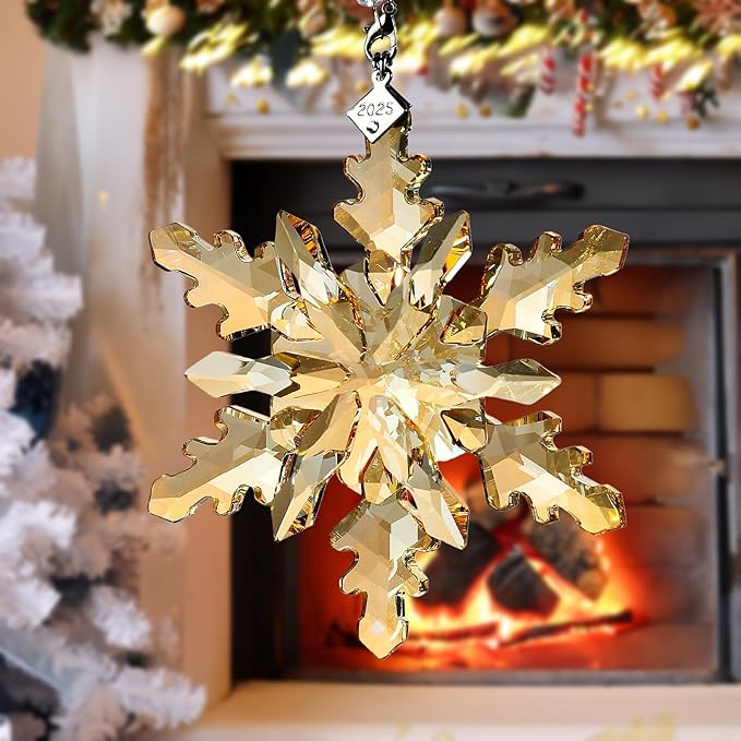 2025 Annual Edition Snowflake Crystal Christmas Ornaments,Christmas Tree Ornaments Crystal Sun Catcher Home Hanging Decor (25-Champagne Gold)
