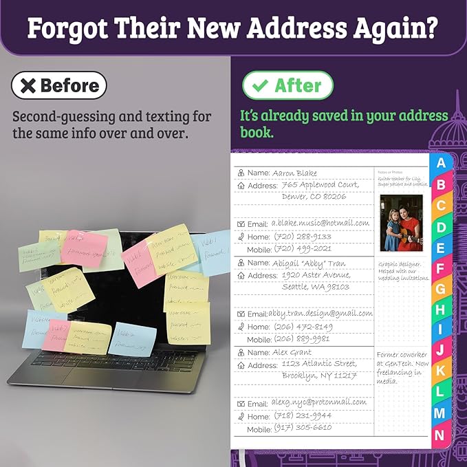 Address Book with Colorful Alphabetical Tabs (4.7" X 6.2") – Telephone Address Contact Book for Seniors, Address Book with Space for Website Address and Internet Passwords (Royal Purple)