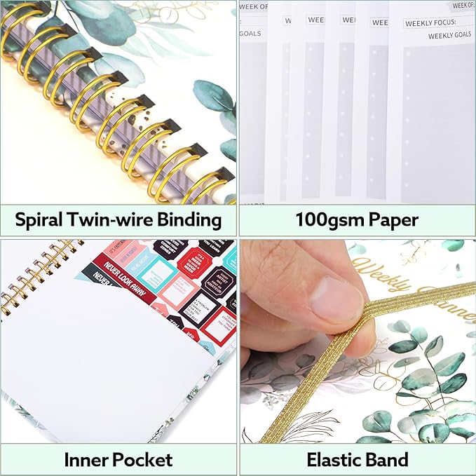 Undated Weekly Planner, A5 Weekly To Do List Notebook with Habit Tracker Spiral Binding Weekly Planner Notebook with Stickers Home Work School Supplies, Grean Leaves