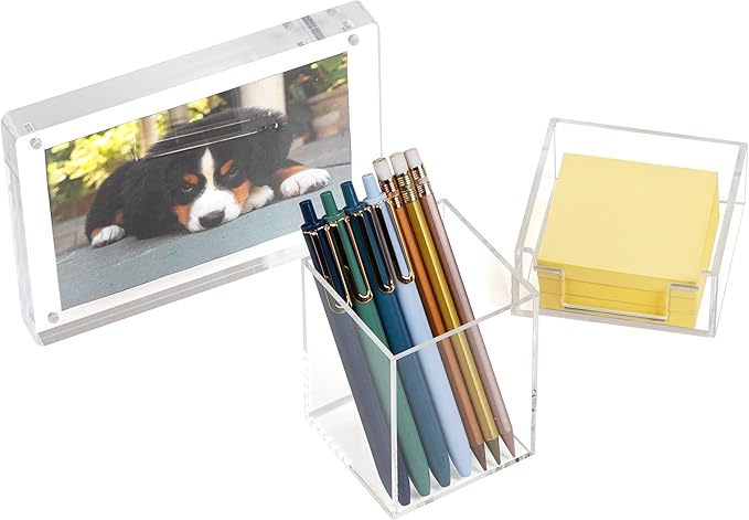 Mind Reader 3-Piece Desk Organizer Set, Pen Holder, Photo Frame and Sticky Note Tray, Desktop Organization, Office, Acrylic, Clear