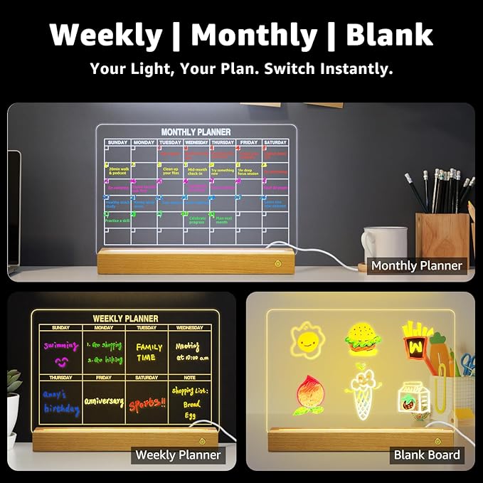 LED Note Board with 8 Colors，Acrylic Dry Erase Board with Light, Clear Monthly/Weekly Calendar, Led Drawing Board for Kids with Stand, 8 Markers, Adapter, Soft Cloth, Holiday Trend Gift (Beech Wood)