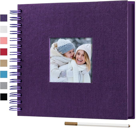 8 x 8 Inch Small DIY Scrapbook Photo Album with Window Design Cover 80 Pages Craft Paper Memory Book for Weeding Family Travel and Baby (Purple)