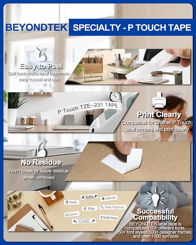 20PK TZE-231 Compatible with Brother P Touch Label Tape 12mm 0.47 White Refill TZe-231 Label Tape for Brother P-Touch Label Maker PT-D210 PT-H110 PT-D220 8m 26.2ft
