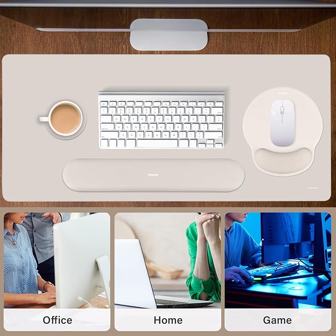 MOSISO Wrist Rest for Keyboard Mouse Pad Set, Large Gaming Deskpad&Circle Curved Mousepad&Keyboard Wrist Rest&Coaster, Ergonomic Non-Slip Mousepad&Easy Typing Pad with Curved Memory Foam, Stone Gray