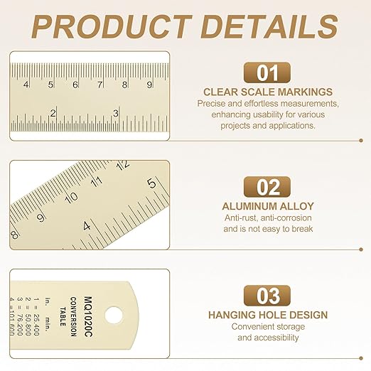 HARFINGTON 6pcs Metal Straight Ruler 20cm Metric SAE Aluminum Alloy Measuring Rulers Scale Tool with Hole for Measure Study Reading Classroom Office, White