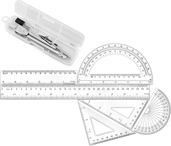 Zonon 1 Set Plastic Geometry Math Set Includes Drawing Compass, 6 and 4 Inch Protractor, 45/60 Degree Triangle Rulers 12 and 6 Inch Math Ruler Transparent for Office Supplies(Clear)