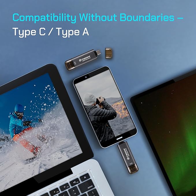 Transcend 2TB External SSD, Up to 1,050MB/s, Dual USB Hard Drive for Tesla, iPhone15,16&iPad&Mac, Steam Deck/ROG Ally/MSI Claw/Windows/Android/PS5/Smart TV, 2-in-1 Type C &A, USB 3.2 Gen2 Portable SSD