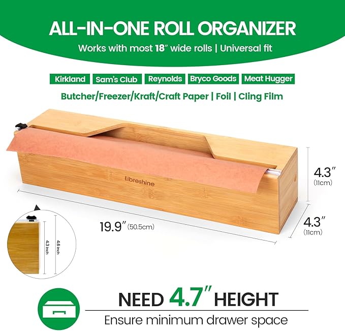 18 Inch Butcher Paper Dispenser with Cutter | Heavy-Duty Holder for Plastic Wrap, Foil, Freezer Paper & Kraft Rolls | Wall/Tabletop Bamboo Organizer | Kitchen, Crafting, Commercial Use