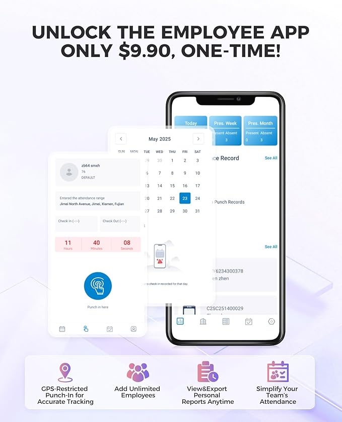 NGTeco Time Clock Cloud-Based, 4-in-1 Time Clocks for Employees Small Business, 2.4GHz WiFi Remote Control Clock in and Out Machine with Software & App, 10 IC Cards, 0 Monthly Fee